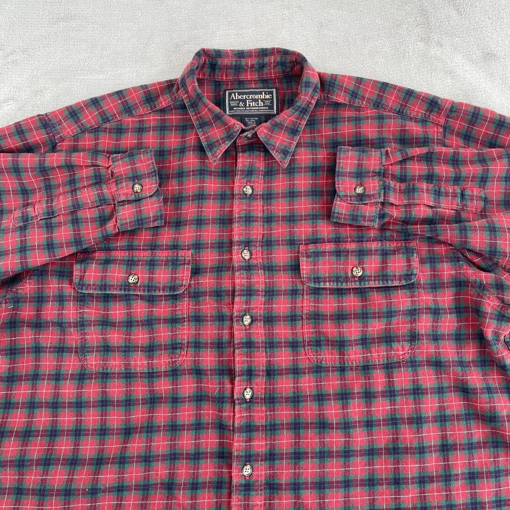 Vintage Abercrombie Fitch Flannel Shirt Men Large Red Plaid Wool Blend LumberJac